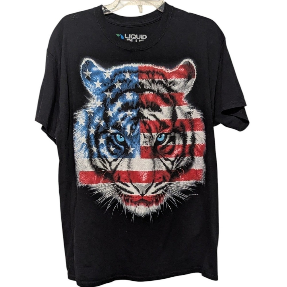 Liquid Blue Mens‎ American Flag Tiger Graphic T-Shirt Black Large 2015 Americana
